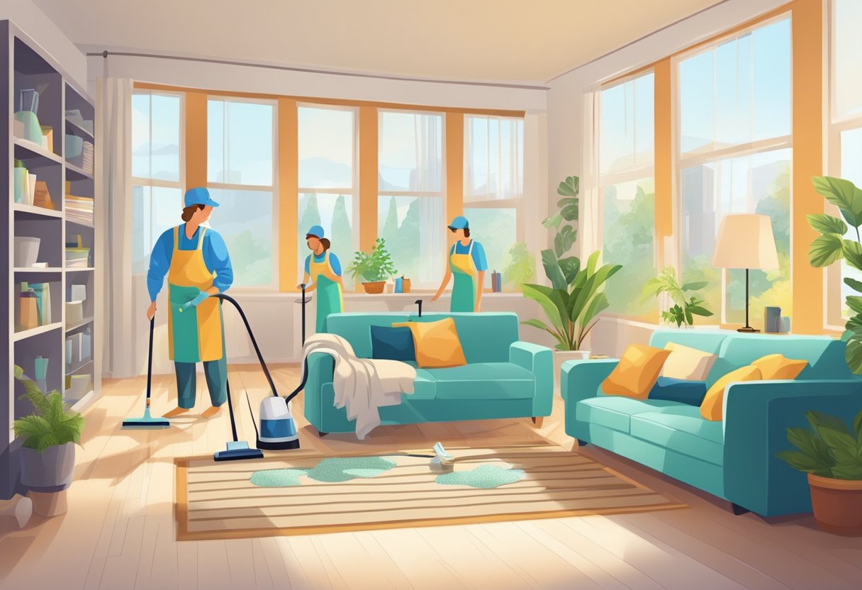 A sparkling clean home with professional cleaners at work. Tidy rooms, shiny surfaces, and fresh scents fill the air