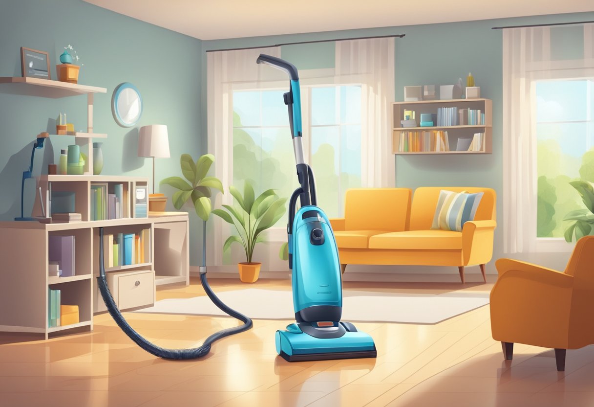 A sparkling clean house with gleaming floors, dust-free surfaces, and neatly arranged furniture. A vacuum cleaner and cleaning supplies are neatly organized in the corner
